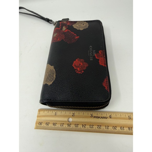 Coach Floral Poppy Double Zip Around Wristlet Wallet Black Red Leather - Picture 11 of 11